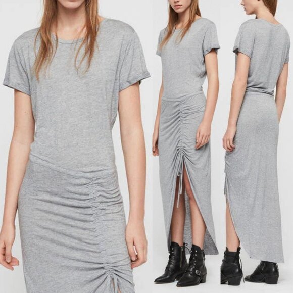 AllSaints Filor Maxi Drawstring Dress Modal Wool Blend Marled Gray Size M $120 - Picture 1 of 16